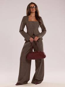 SHEIN BAE Distinctive Square Collar Design Office Blazer Autumn Winter,Fall - Coffee Brown - View 7
