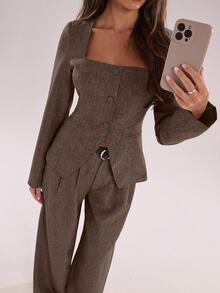 SHEIN BAE Distinctive Square Collar Design Office Blazer Autumn Winter,Fall - Coffee Brown - View 3