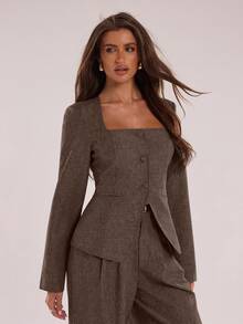 SHEIN BAE Distinctive Square Collar Design Office Blazer Autumn Winter,Fall - Coffee Brown - View 5