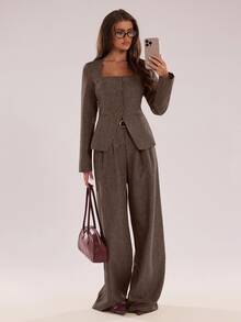 SHEIN BAE Distinctive Square Collar Design Office Blazer Autumn Winter,Fall - Coffee Brown - View 4