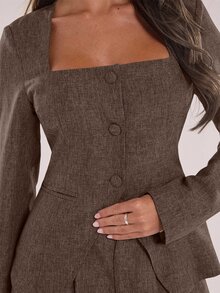 SHEIN BAE Distinctive Square Collar Design Office Blazer Autumn Winter,Fall - Coffee Brown - View 6