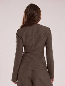 SHEIN BAE Distinctive Square Collar Design Office Blazer Autumn Winter,Fall - Coffee Brown - View 2