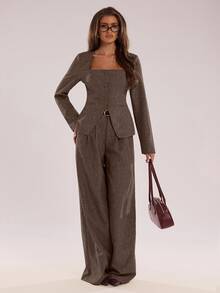 SHEIN BAE Distinctive Square Collar Design Office Blazer Autumn Winter,Fall - Coffee Brown - View 1