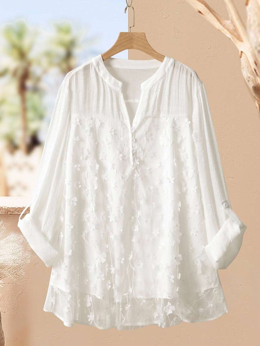 Lacomfia Women's Adjustable 3/4 Sleeve Bamboo Knit Mesh Floral Embroidery Comfortable Casual Plus Size Blouse Fall Cloth For Women - White - View 1