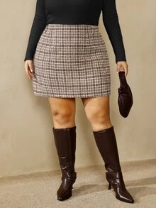 SHEIN CURVE+ 大尺碼秋冬休閒通勤格紋裙，聖誕 - 彩色 - 查看 5