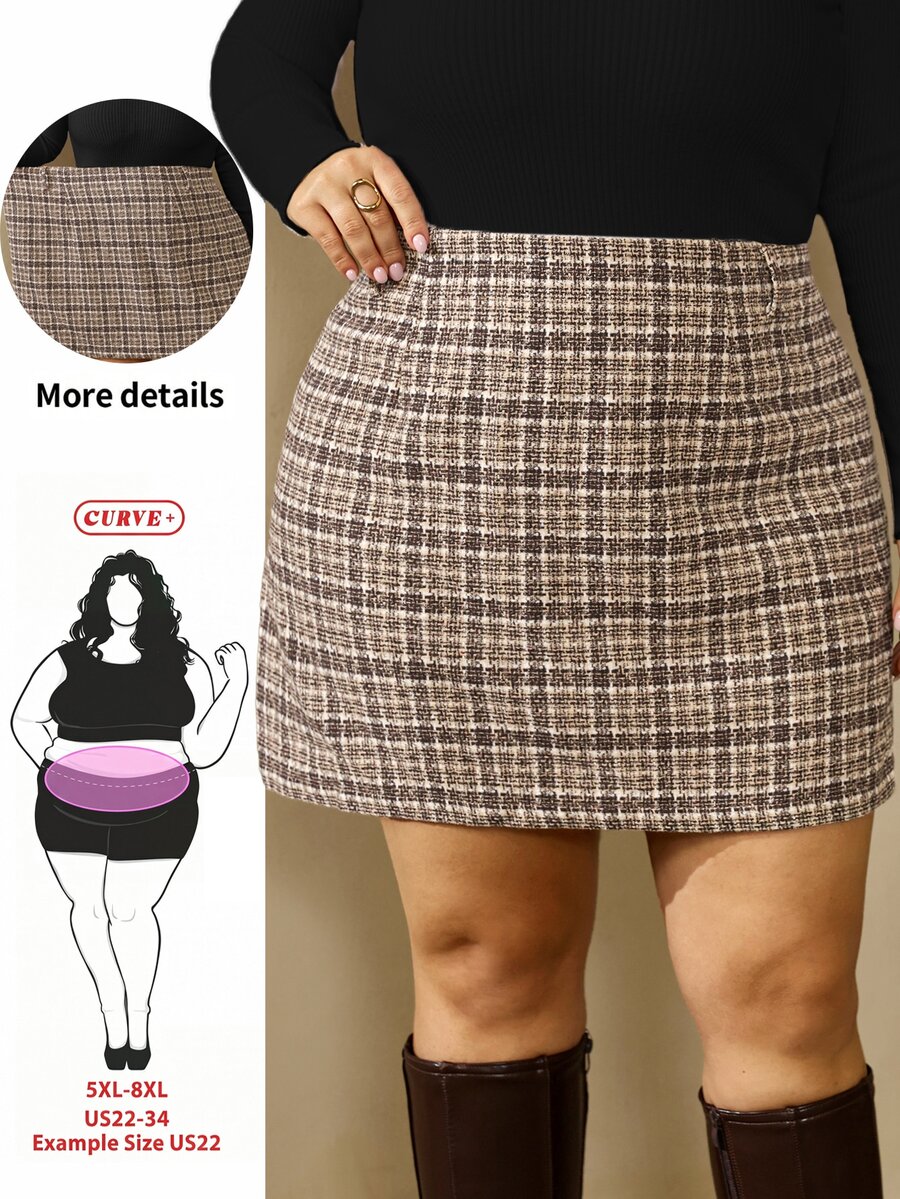 SHEIN CURVE+ 大尺碼秋冬休閒通勤格紋裙,聖誕 - 彩色 - 查看 1
