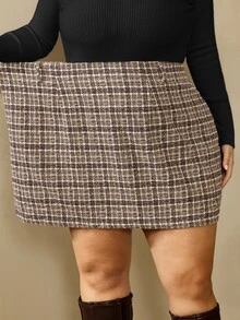 SHEIN CURVE+ 大尺碼秋冬休閒通勤格紋裙，聖誕 - 彩色 - 查看 3