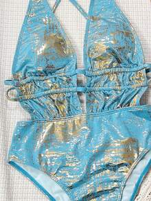 SHEIN Swim Elenzya-D 女士金色金属面料深V抽绳休闲沙滩连体泳衣 - 藍色 - 查看 5