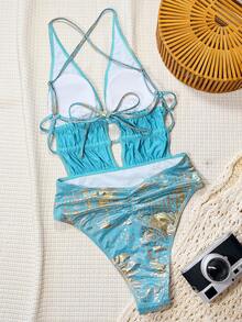 SHEIN Swim Elenzya-D 女士金色金属面料深V抽绳休闲沙滩连体泳衣 - 藍色 - 查看 2