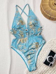 SHEIN Swim Elenzya-D 女士金色金属面料深V抽绳休闲沙滩连体泳衣 - 藍色 - 查看 4