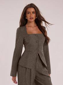 SHEIN BAE Women's Long Sleeve Single-Breasted Square Collar Blazer And Pants Suit, Office Wear - Dark Grey - View 5