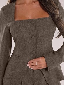 SHEIN BAE Women's Long Sleeve Single-Breasted Square Collar Blazer And Pants Suit, Office Wear - Dark Grey - View 7