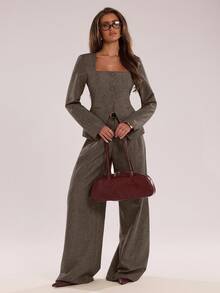 SHEIN BAE Women's Long Sleeve Single-Breasted Square Collar Blazer And Pants Suit, Office Wear - Dark Grey - View 6
