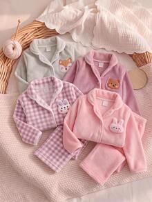 SHEIN 女嬰兔圖案裝飾保暖家居服套裝 秋季 - 粉色 - 查看 2