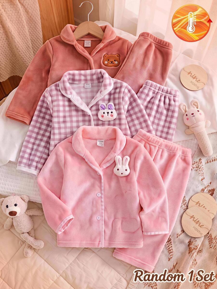 SHEIN 女嬰兔圖案裝飾保暖家居服套裝 秋季 - 粉色 - 查看 1