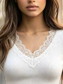 SHEIN LUNE كنزة نسائية أنيقة للخريف/الشتاء بتصميم فرنسي مع تطريز دانتيل وأكمام طويلة للارتداء اليومي - أبيض - مشاهدة 4
