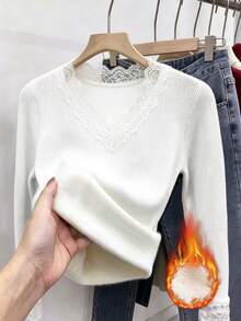 SHEIN LUNE كنزة نسائية أنيقة للخريف/الشتاء بتصميم فرنسي مع تطريز دانتيل وأكمام طويلة للارتداء اليومي - أبيض - مشاهدة 5