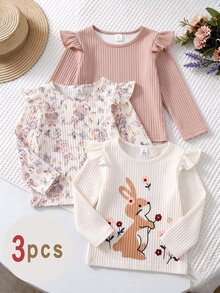 3pcs Young Girl Tops Cute Flower & Rabbit Pattern Flutter Sleeve Crew Neck Pullover T-Shirt, Casual Daily Wear - Multicolor - View 3