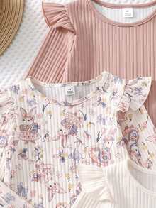 3pcs Young Girl Tops Cute Flower & Rabbit Pattern Flutter Sleeve Crew Neck Pullover T-Shirt, Casual Daily Wear - Multicolor - View 6