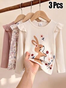 3pcs Young Girl Tops Cute Flower & Rabbit Pattern Flutter Sleeve Crew Neck Pullover T-Shirt, Casual Daily Wear - Multicolor - View 4