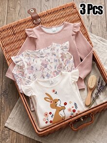 3pcs Young Girl Tops Cute Flower & Rabbit Pattern Flutter Sleeve Crew Neck Pullover T-Shirt, Casual Daily Wear - Multicolor - View 1