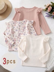 3pcs Young Girl Tops Cute Flower & Rabbit Pattern Flutter Sleeve Crew Neck Pullover T-Shirt, Casual Daily Wear - Multicolor - View 2