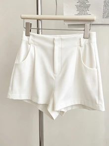 INAWLY Women's Solid Color Pleated Pocket Loose Casual Versatile Shorts - White - View 3