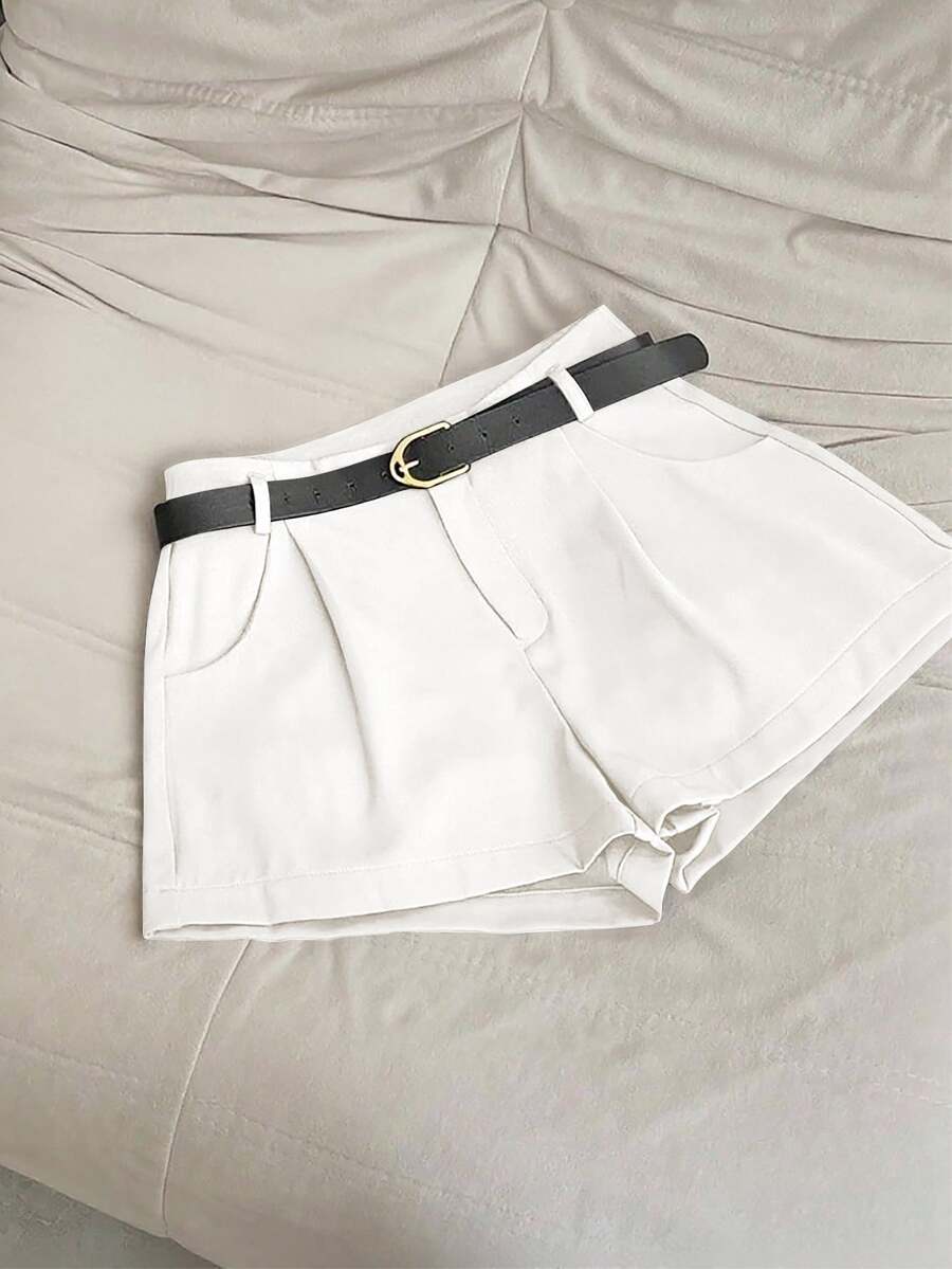 INAWLY Women's Solid Color Pleated Pocket Loose Casual Versatile Shorts - White - View 1