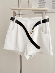INAWLY Women's Solid Color Pleated Pocket Loose Casual Versatile Shorts - White - View 4