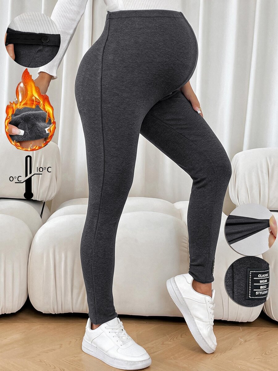 SHEIN 孕婦純色高腰修身緊身褲,孕婦專用 - 深灰色 - 查看 1