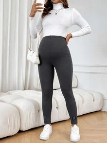SHEIN 孕婦純色高腰修身緊身褲，孕婦專用 - 深灰色 - 查看 8