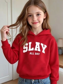 SHEIN Tween Girl Fashionable Casual Preppy Simple SLAY Letter Pattern Printed Basic Red And White Hooded Sweatshirt Autumn Outfit Comfortable Wearing School - Red - View 1