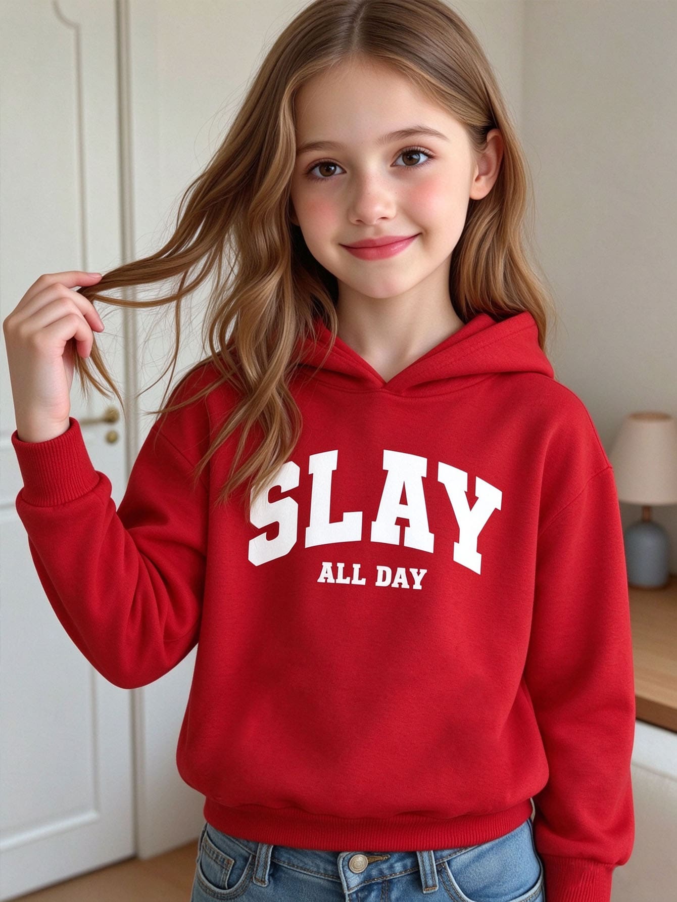 SHEIN Tween Girl Fashionable Casual Preppy Simple SLAY Letter Pattern Printed Basic Red And White Hooded Sweatshirt Autumn Outfit Comfortable Wearing School - Red - View 1