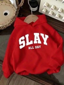 SHEIN Tween Girl Fashionable Casual Preppy Simple SLAY Letter Pattern Printed Basic Red And White Hooded Sweatshirt Autumn Outfit Comfortable Wearing School - Red - View 3
