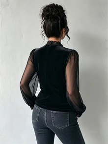 Auvina Plus Size Luxury High-End Black Mesh Lace Patchwork Ruffle Blouse Shirt, Summer Design Fitted Elegant Top For Party, Vacation, And Outings Fall - Black - View 2
