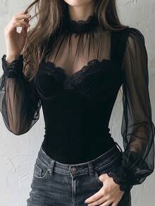 Auvina Plus Size Luxury High-End Black Mesh Lace Patchwork Ruffle Blouse Shirt, Summer Design Fitted Elegant Top For Party, Vacation, And Outings Fall - Black - View 5