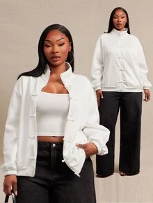 SHEIN SXY White Frog Button Decor Long Sleeve Loose Jacket Fall - White - View 2