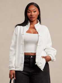 SHEIN SXY White Frog Button Decor Long Sleeve Loose Jacket Fall - White - View 8