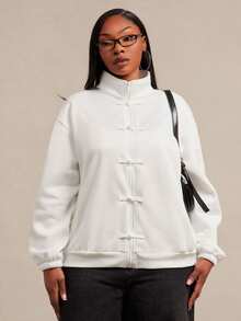 SHEIN SXY White Frog Button Decor Long Sleeve Loose Jacket Fall - White - View 4