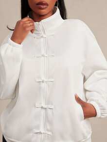 SHEIN SXY White Frog Button Decor Long Sleeve Loose Jacket Fall - White - View 3