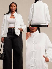 SHEIN SXY White Frog Button Decor Long Sleeve Loose Jacket Fall - White - View 9