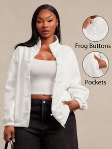 SHEIN SXY White Frog Button Decor Long Sleeve Loose Jacket Fall - White - View 1