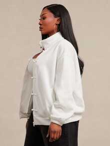 SHEIN SXY White Frog Button Decor Long Sleeve Loose Jacket Fall - White - View 5