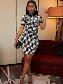 SHEIN SXY Houndstooth Print Contrast Collar Bodycon Dress - Black and White - View 4