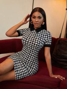 SHEIN SXY Houndstooth Print Contrast Collar Bodycon Dress - Black and White - View 7