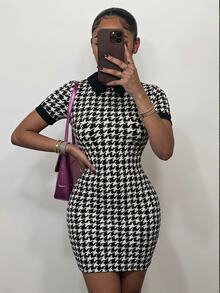 SHEIN SXY Houndstooth Print Contrast Collar Bodycon Dress - Black and White - View 1