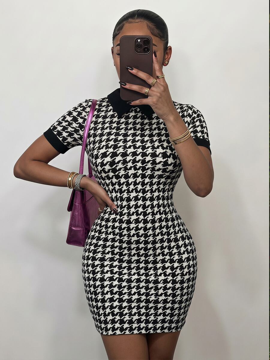 SHEIN SXY Houndstooth Print Contrast Collar Bodycon Dress - Black and White - View 1