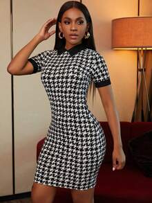 SHEIN SXY Houndstooth Print Contrast Collar Bodycon Dress - Black and White - View 3