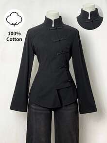 Elamini Women Black Fall Winter Classy Tea Party Jacket,Vintage Chinese Mandarin Collar Button Asymmetrical Hem Long Sleeve Linen Fabric Outerwear - Black - View 4