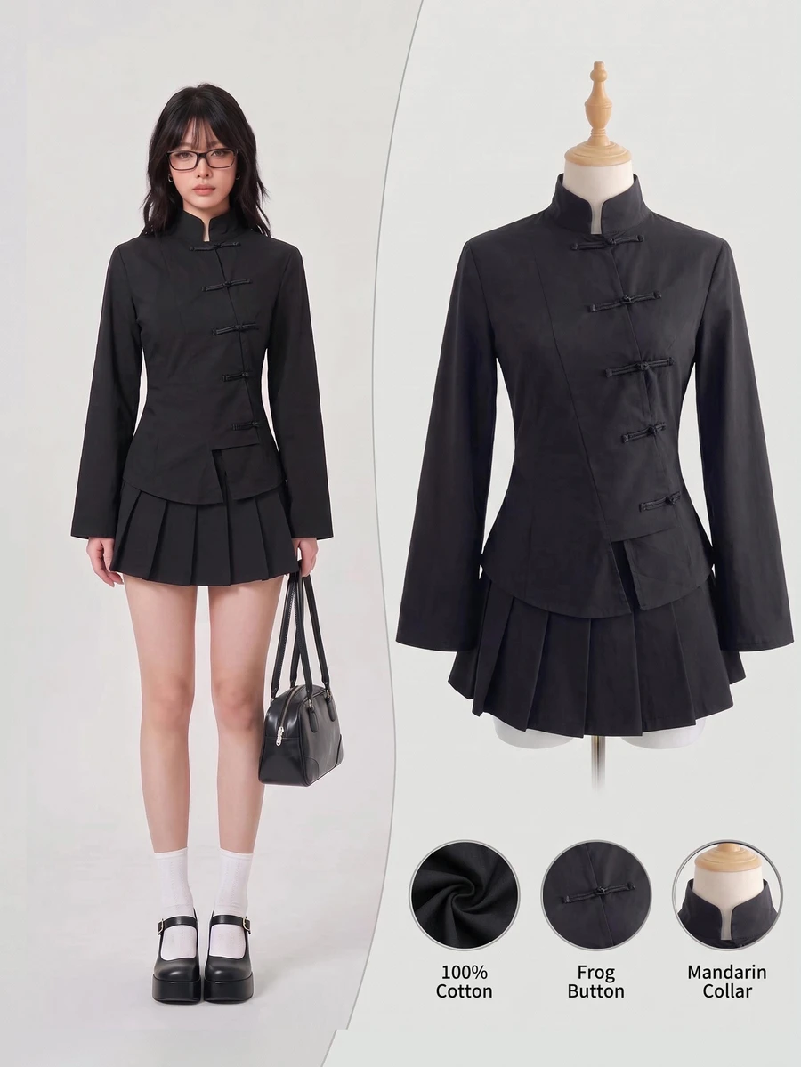 Elamini Women Black Fall Winter Classy Tea Party Jacket,Vintage Chinese Mandarin Collar Button Asymmetrical Hem Long Sleeve Linen Fabric Outerwear - Black - View 1